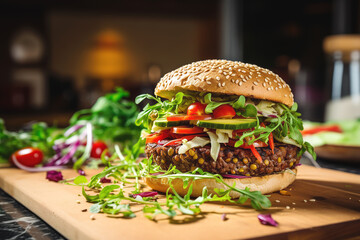 Wall Mural - Delicious vegan lentil burger on plate served for restaurant visitors. Dish cooked from wholesome ingredients and mouthwatering presentation, close-up