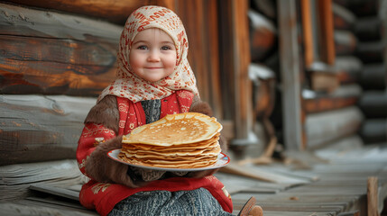 Portrait of  little girl in headscarf holding plate with stack of pancakes. Maslenitsa. 