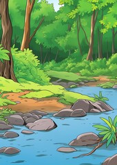 Wall Mural - Landscape with Forest River. Children's book illustration in cartoon style.