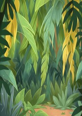 Wall Mural - Background Jungle. Bright jungle with ferns and flowers. For design game, websites and kid's book printing. Children's book illustration in cartoon style.