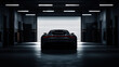Silhouette of generic sports car in dark garage, back view, pit lane setting, dramatic, cinematic lighting