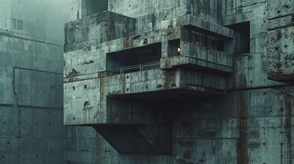 Wall Mural - a brutalist structure with raw concrete surfaces and a bold, imposing presence. 