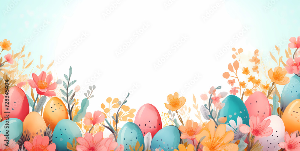 Watercolor easter eggs border background with spring flowers and eggs ...