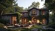 a French country house with soft curves, natural stone, and a romantic, rustic elegance. 