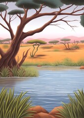 Poster - Lake in the African Savannah. Oasis with blue water and plants in African desert. Children's book illustration in cartoon style.