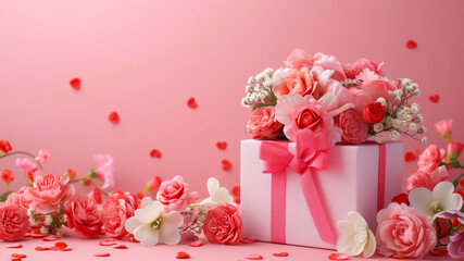 Gift box with beautiful flowers on pink background, valentine day concept