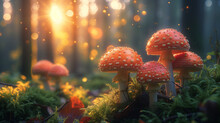 Mushroom In The Forest, Red Mushrooms In The Forest During Autumn With Warm Soft Sunlight In The Golden Hour