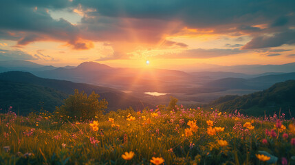 Poster - sunset in the mountains during spring