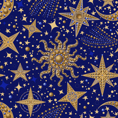 Space print with stars, sun, moon. Hand painted seamless pattern. Golden seamless pattern with moons and stars. Can be used for wallpaper, website background, textile.