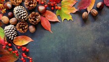 Colorful Fall Leaves Nuts And Pine Cones Corner Border Over A Rustic Dark Banner Background Overhead View With Copy Space