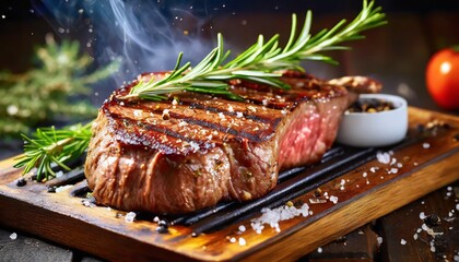 entrecote beef steak on grill with rosemary pepper and salt