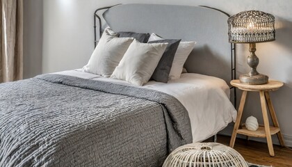 Poster - relaxing bedroom detail of bed with gray and white linen textured bedding decorative wood side table with wire lamp and round mirror