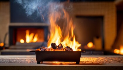 Canvas Print - empty flaming charcoal grill with open fire ready for product placement