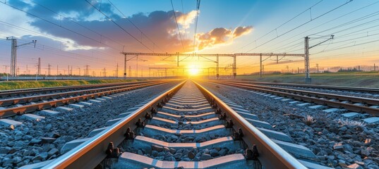 Scenic railway tracks at sunset  tranquil and beautiful view of railroad tracks in the golden hour