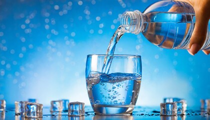 Poster - pouring water from bottle into glass on blue background