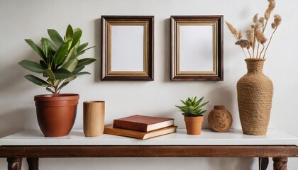 Poster - minimalistic home decor of interior with two brown wooden mock up photo frames on the white shelf with books beautiful plant in stylish pot and home accessories white wall