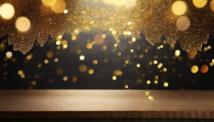 Poster - empty table in front of black and gold glitter lights background