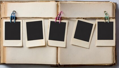 Sticker - a vintage book page with blank photo frames attached with paper clips