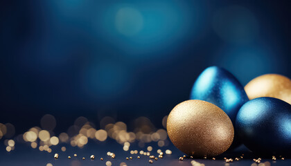 Wall Mural - Gold and Blue Colors Eggs with Confetti, easter concept