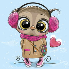 Sticker - Cartoon Owl in a ear muffs and Coat