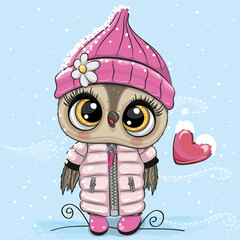 Sticker -  Cartoon Owl in a hat and Coat