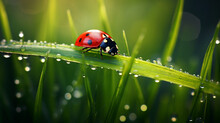 A ladybug perched on a dew-kissed blade of grass, symbiosis, serenity, Ultra Realistic, National Geographic, Sony A7R IV, 90mm macro lens, f/5.6 aperture, dusk, enchanting, 