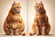 A ginger cat's weight loss transformation, from chubby to slimmer and more agile, highlighted against a neutral background, showing improved vitality