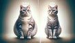A cat's weight loss journey is captured 'before and after', transitioning from chubby to slimmer and more agile, against a neutral backdrop, symbolizing improved health