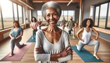Fototapeta  - A confident elderly African-American woman with a radiant smile, practicing yoga in a studio alongside her friends