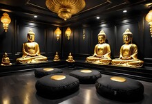 A Modern Black And Gold Meditation Room With Black Floor Cushions And Golden Buddha Statues. The UHD Camera Captures The Serene And Peaceful Space.
