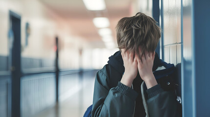 Wall Mural - An upset boy covered his face with his hands, standing alone in the school corridor. Learning difficulties, emotions, bullying at school