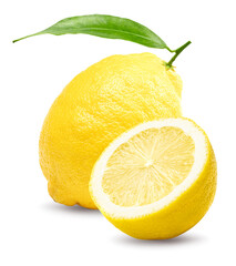 Wall Mural - single lemon with green leaves isolated on white background. clipping path