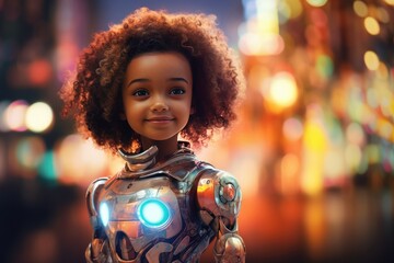 Wall Mural - back to school concept, human kid use robot for simplifying life with ai generative ai