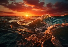 Beautiful Sunset On Beach With Waves. Created With Ai