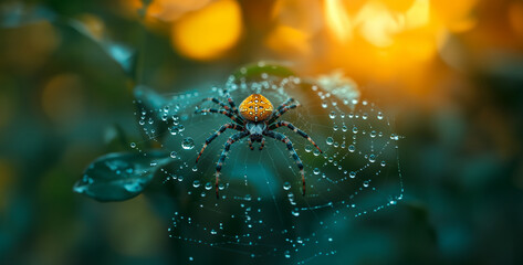 spider web in the dew, spider web in the grass, spider on a coral, spider in aquarium, the intricate details of a dew covered spider