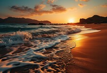 Beautiful Sunset On Beach With Crashing Waves. Created With Ai