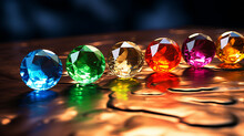 A String Of Five Shining Gems, Red, Blue, Green, Yellow And Purple, Montage Photography, Perspective Drawing, 32K, HDR