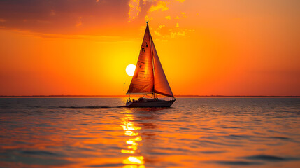Wall Mural - A sail, with a vivid sunset as the background, during a coastal journey