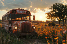 An Old School Bus On A Field Of Wildflowers At Sunset