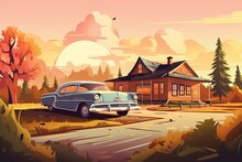 Painting Of A Car Parked In Front Of A House
