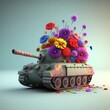 Toy tank fires a bouquet of flowers. Peace concept background 3D Rendering wouldn't peace be better? war zone sprocket solider cannon worldwar ukraine safety army military Generative AI