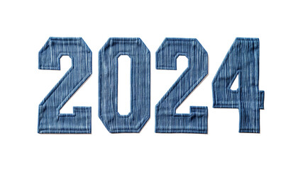 Denim textured digits 2024 isolated on a transparent background, concept of fashion and sustainability