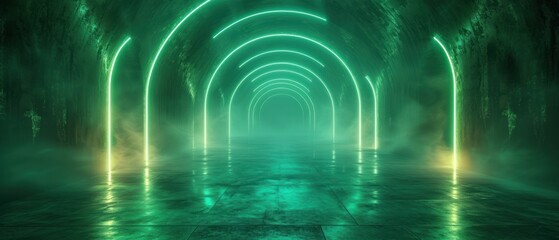 Abstract composition of green gradient neon lights, creating a vibrant and visually striking background