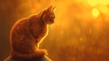 Cute Ginger Cat Sitting On A Rock And Looking At The Rain