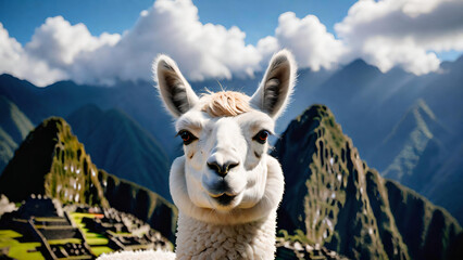 Lama portrait with Machu Picchu background