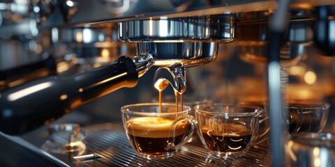 Wall Mural - Espresso machine in action, brewing a cup of coffee. Perfect for coffee lovers and coffee shop themes