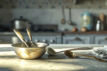 Wall Mural - A kitchen counter with a bowl and spoons. Perfect for food preparation and cooking concepts