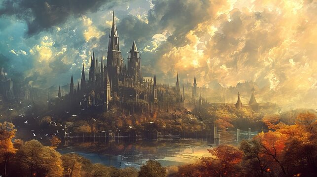 Digital illustration of a landscape with a medieval fantasy castle