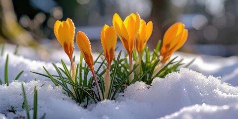 Wall Mural - Yellow crocus flowers poking out of the snow. Can be used to depict the arrival of spring or the resilience of nature