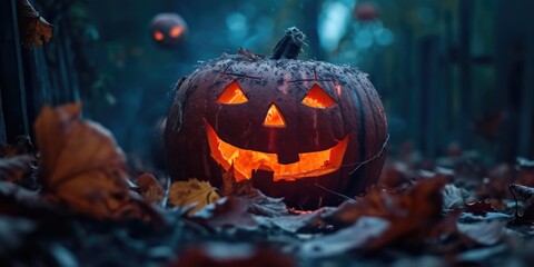 Poster - A Halloween pumpkin sitting on top of a pile of leaves. Perfect for Halloween-themed designs and autumn decorations